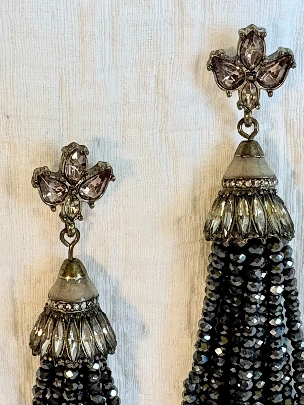 Vtg Tassel Pierced Earrings Rhinestones Black Jet Beads Boho  Anthro Style 1990s